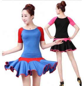 Royal blue red green red black hot pink royal blue microfiber patchwork short sleeves round neck women's ladies femalepractice gymnastics performance competition latin salsa cha cha dance dresses sets outfits